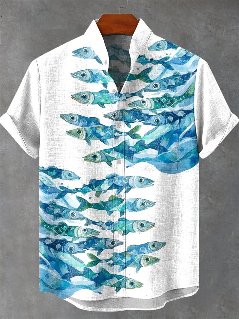 Vintage Men's Shirt Comfortable Short Sleeve Fashion 3D Crane Printed Art Pattern, Button Top, Summer Top