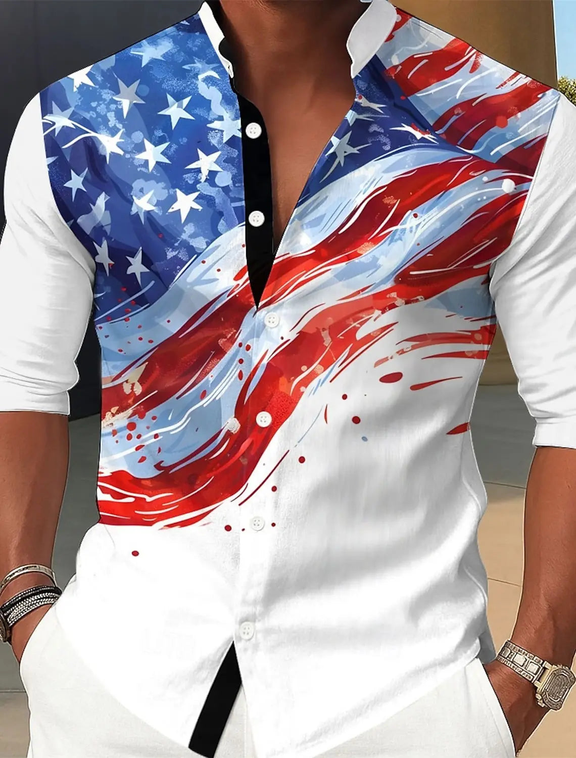 Men's US Flag Patriotic Shirt Casual Dress Shirt Long Sleeve Casual Summer Mandarin Collar Band Collar 3D Print Button Up Shirts