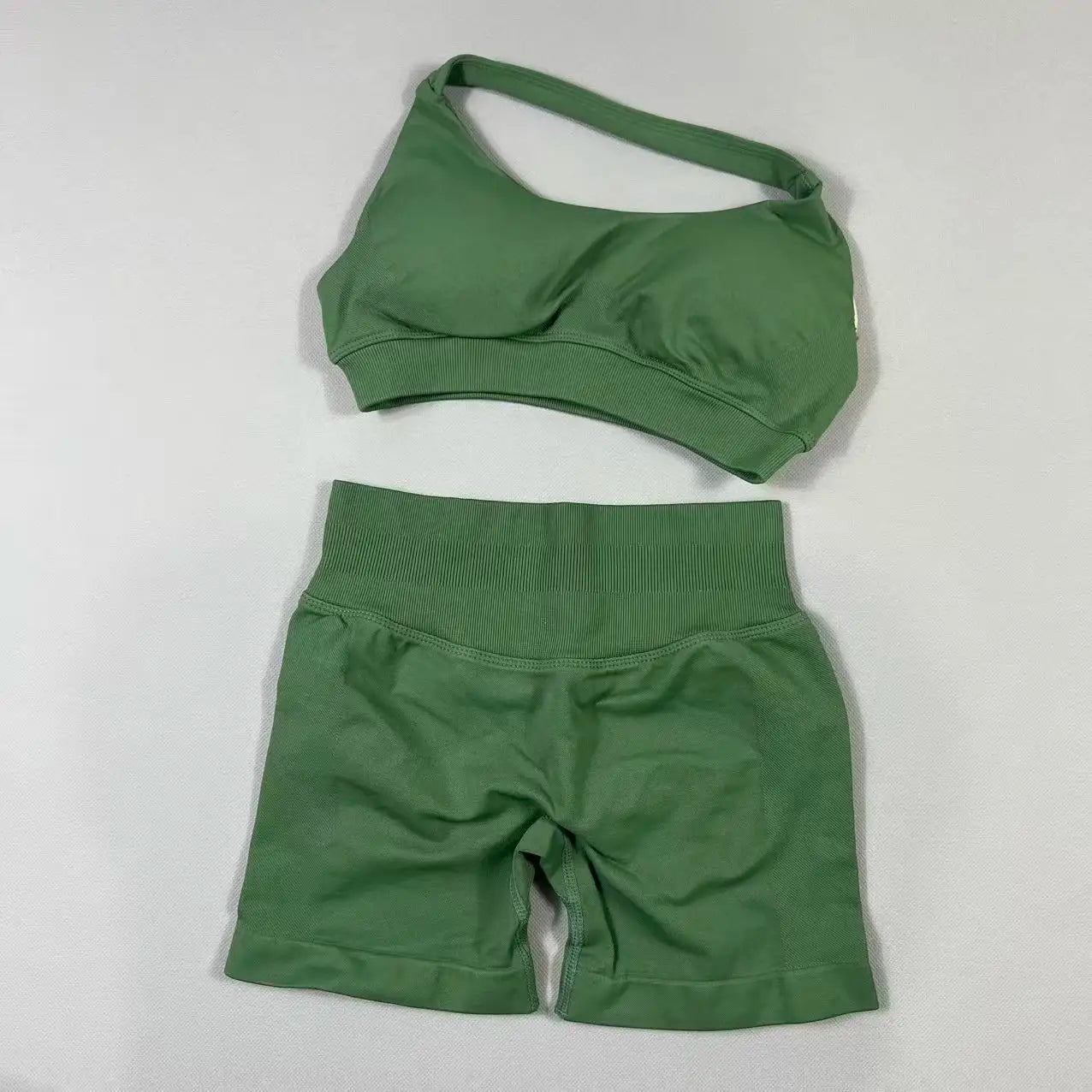 2Pcs Seamless Halter Neck Backless Yoga Outfit High Waist Ribbed Scrunch Shorts Set for Women Gym Sports Pilates Active Wear