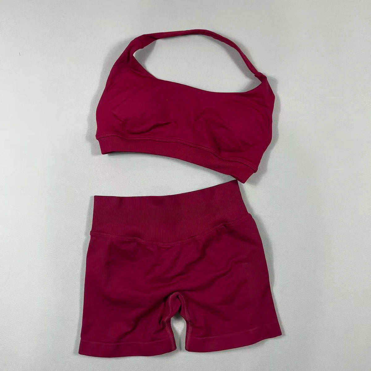 2Pcs Seamless Halter Neck Backless Yoga Outfit High Waist Ribbed Scrunch Shorts Set for Women Gym Sports Pilates Active Wear