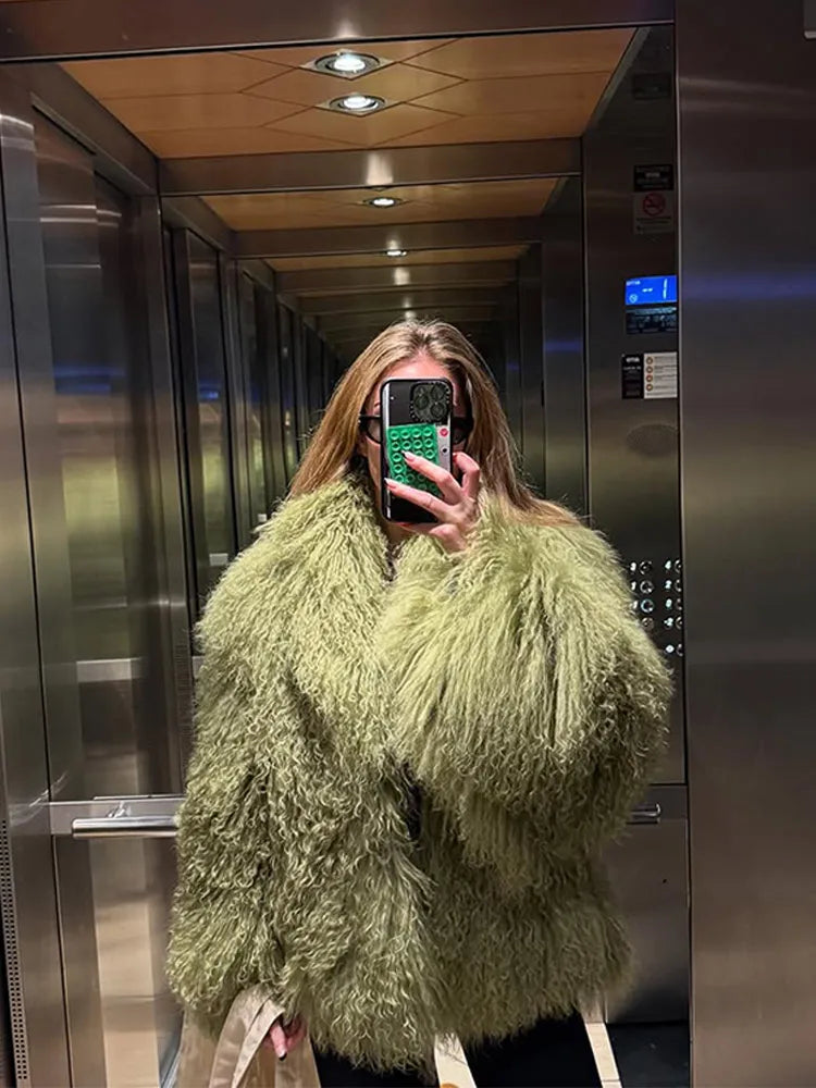 Solid Fluffy Woolen Faux Fur Jacket Women Fashion Turn Down Collar Long Sleeve Loose Coats Lady Winter Daily Street Outwears