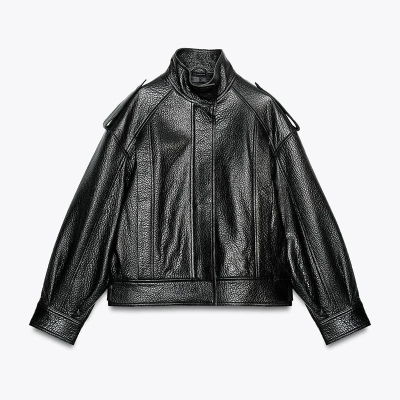 Street PU Leather Bomber Jacket Women Zipper Stand Collar Pocket Loose Vintage Full Sleeve Coat Female 2025 Autumn Lady Outwear