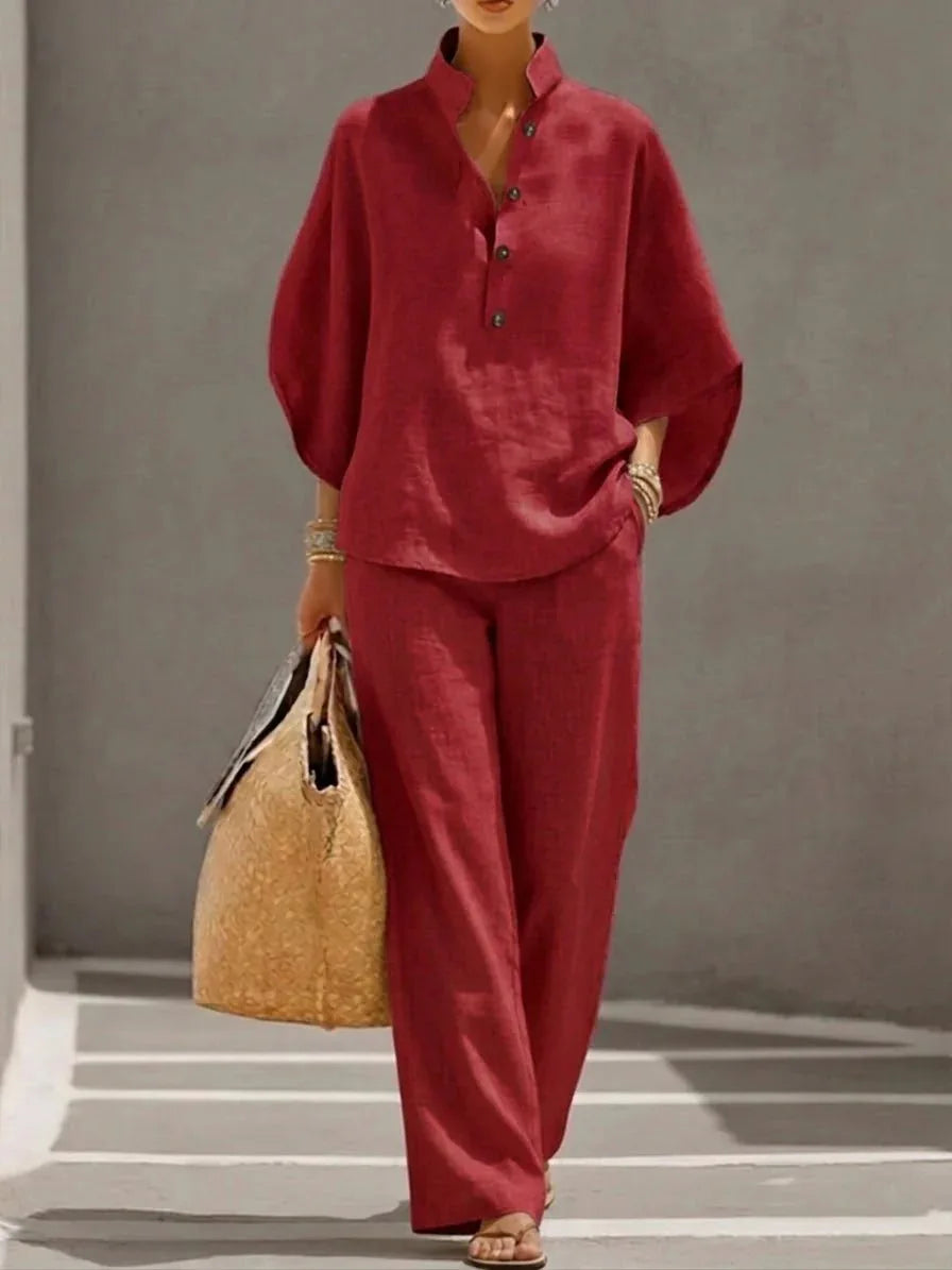 Fashion Cotton Linen Pant Set Women's Matching Sets Casual Stand Collar Button Top Wide Leg 2-piece Set Retro Female Office Suit