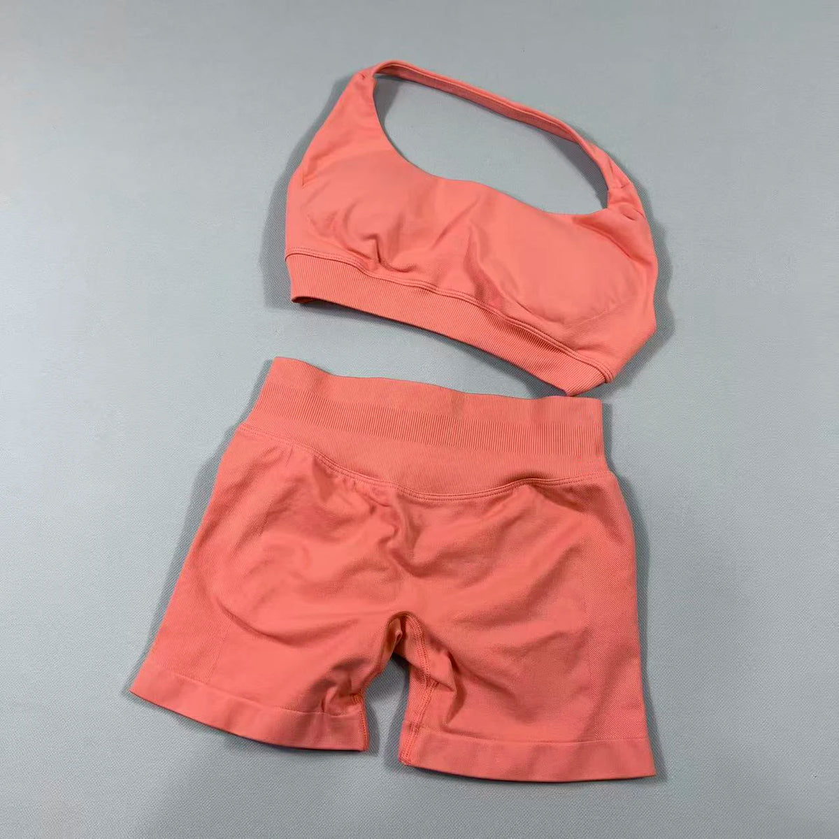 2Pcs Seamless Halter Neck Backless Yoga Outfit High Waist Ribbed Scrunch Shorts Set for Women Gym Sports Pilates Active Wear