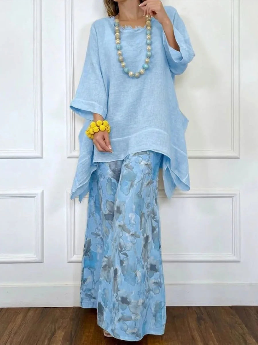 Fashion Cotton Linen Irregular Hem Top Wide-leg Pants 2-piece Set Women Summer Casual Retro Elegant Female Simple Trousers Suit