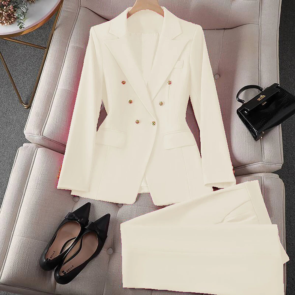 Cakrisyal Women Elegant Formal Blazer Sets Double Breasted Lapel Blazer And Straight Slim Pants Evening Party Wedding Blazer Set