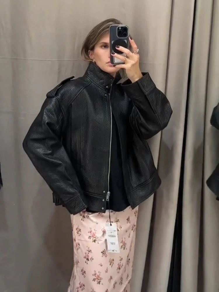 Street PU Leather Bomber Jacket Women Zipper Stand Collar Pocket Loose Vintage Full Sleeve Coat Female 2025 Autumn Lady Outwear