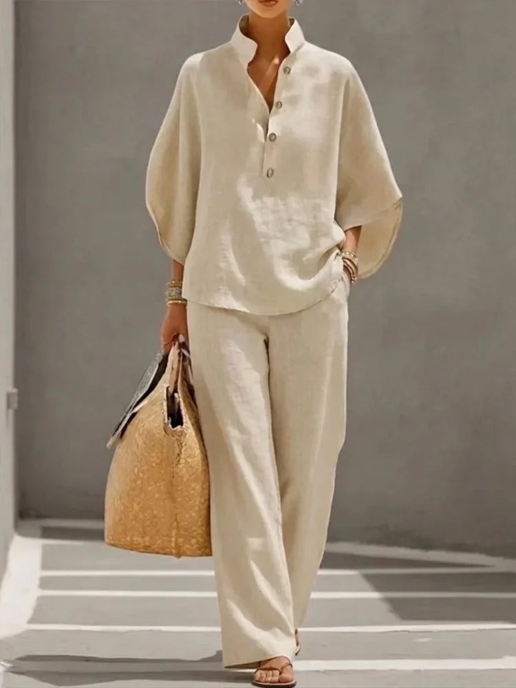 Fashion Cotton Linen Pant Set Women's Matching Sets Casual Stand Collar Button Top Wide Leg 2-piece Set Retro Female Office Suit