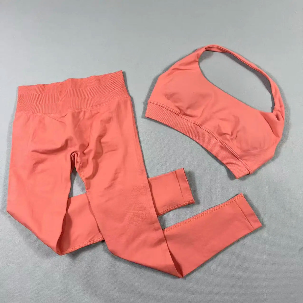 2Pcs Seamless Halter Neck Backless Yoga Outfit High Waist Ribbed Scrunch Shorts Set for Women Gym Sports Pilates Active Wear