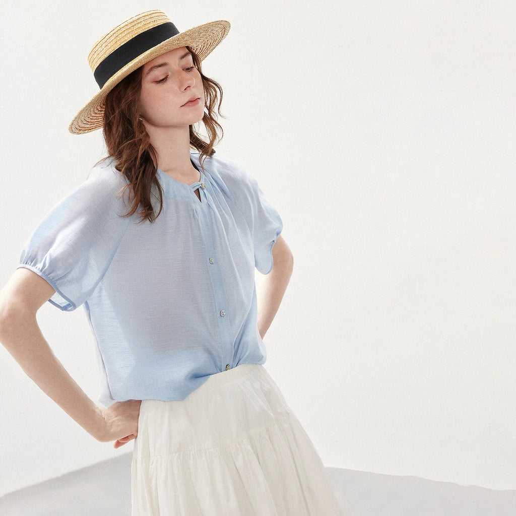 TOYOUTH Women Shirt 2026 Summer New Cool Feeling Lyocell Acetate Puff Sleeve Loose Wrinkled V Neck Casual Tops