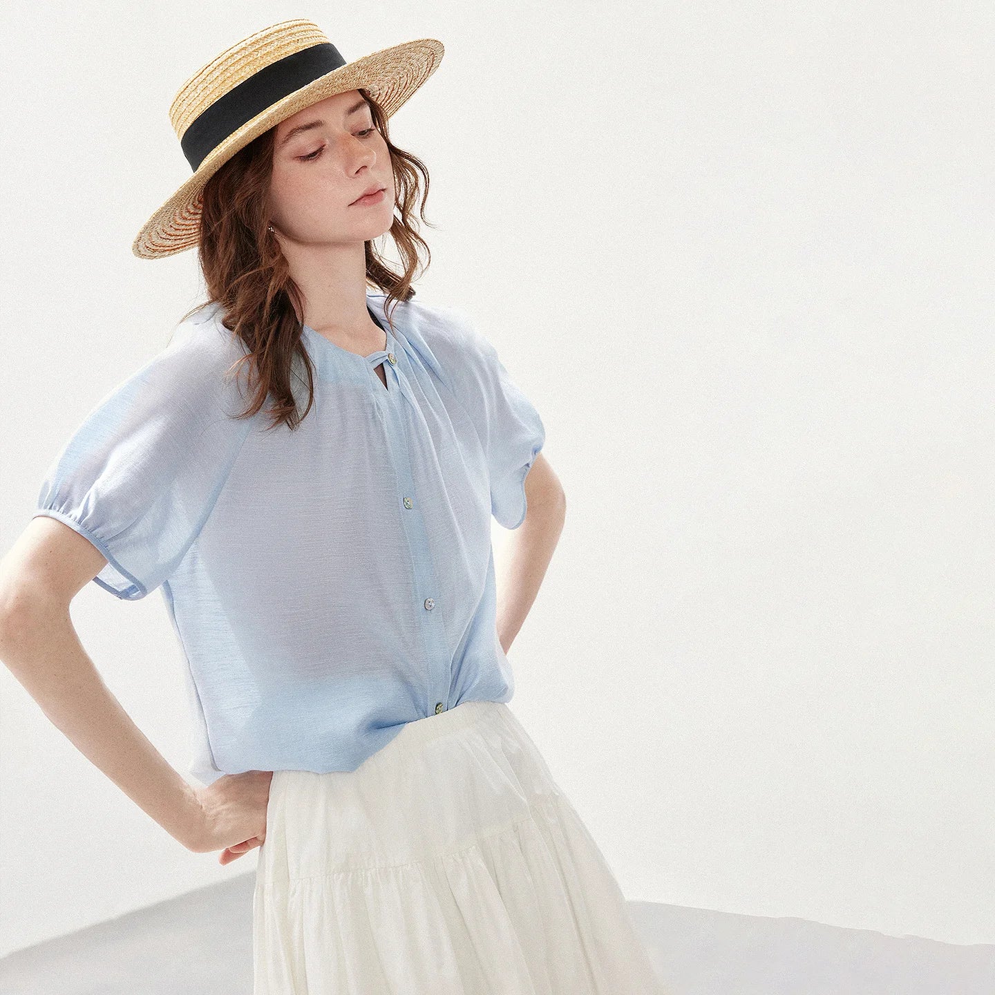 TOYOUTH Women Shirt 2026 Summer New Cool Feeling Lyocell Acetate Puff Sleeve Loose Wrinkled V Neck Casual Tops
