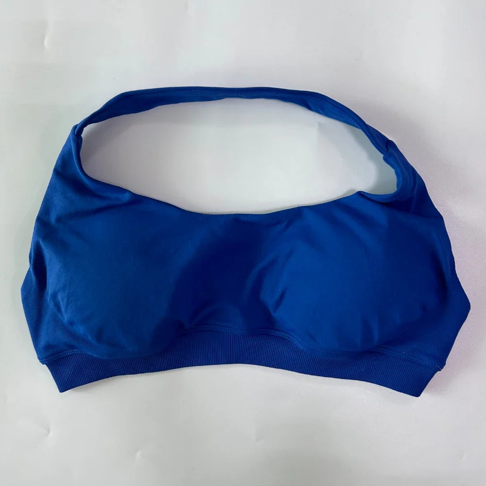 2Pcs Seamless Halter Neck Backless Yoga Outfit High Waist Ribbed Scrunch Shorts Set for Women Gym Sports Pilates Active Wear