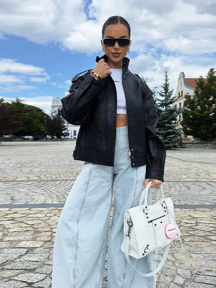 Street PU Leather Bomber Jacket Women Zipper Stand Collar Pocket Loose Vintage Full Sleeve Coat Female 2025 Autumn Lady Outwear