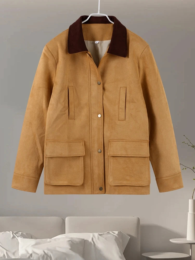 Street PU Leather Bomber Jacket Women Zipper Stand Collar Pocket Loose Vintage Full Sleeve Coat Female 2025 Autumn Lady Outwear