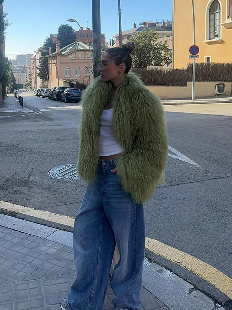 Solid Fluffy Woolen Faux Fur Jacket Women Fashion Turn Down Collar Long Sleeve Loose Coats Lady Winter Daily Street Outwears
