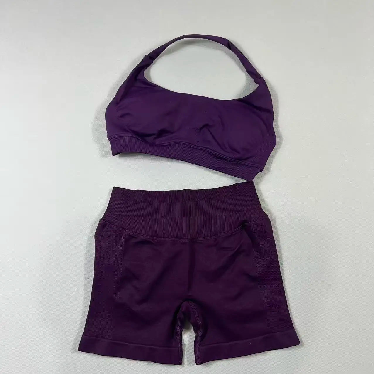2Pcs Seamless Halter Neck Backless Yoga Outfit High Waist Ribbed Scrunch Shorts Set for Women Gym Sports Pilates Active Wear