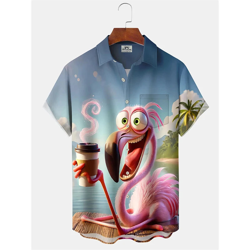 Anime Cartoon Flamingo Funny Shirt For Men Retro Plant 3D Print Leisure Quickly Dry Button Shirts Summer Street Popular Blouse