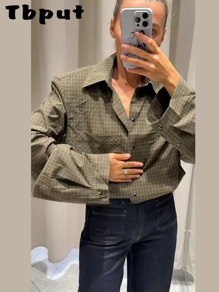 Casual Women's Grid Shirts Shoulder Pad Turn-Down Collar Button Loose Lady Shirt 2026 Spring Fashion Female Street Outwear