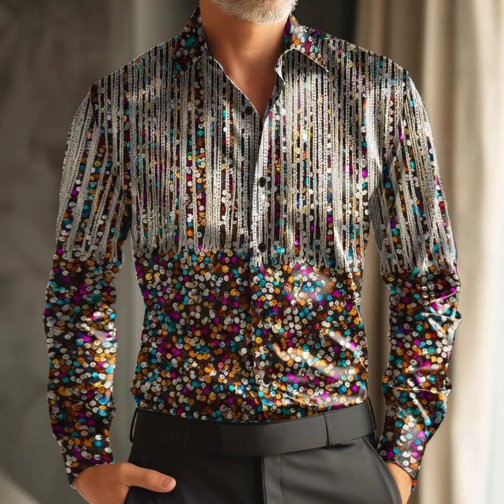 Mardi Gras Men's Colorful Carnival Mask with Feathers Shirt Long Sleeve Fashion Casual Party Summer 3D Print Button Up Shirts