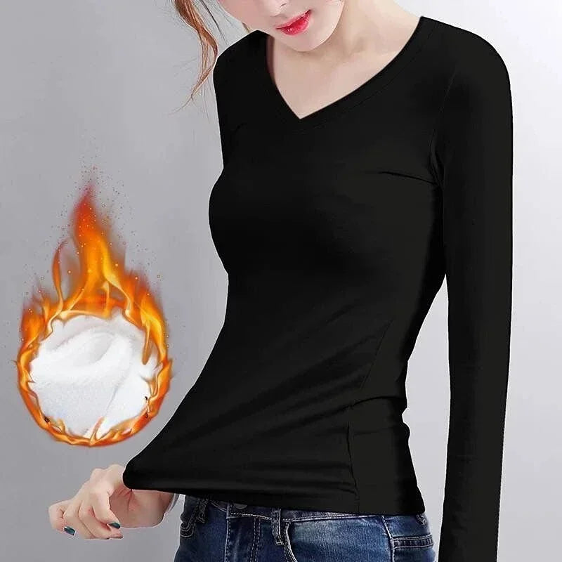 Winter Women Thermal Underwear T-Shirt Turtleneck Bottom Shirt Solid Semi High Collar Long Sleeve Basic Heating Fiber Pullovers
