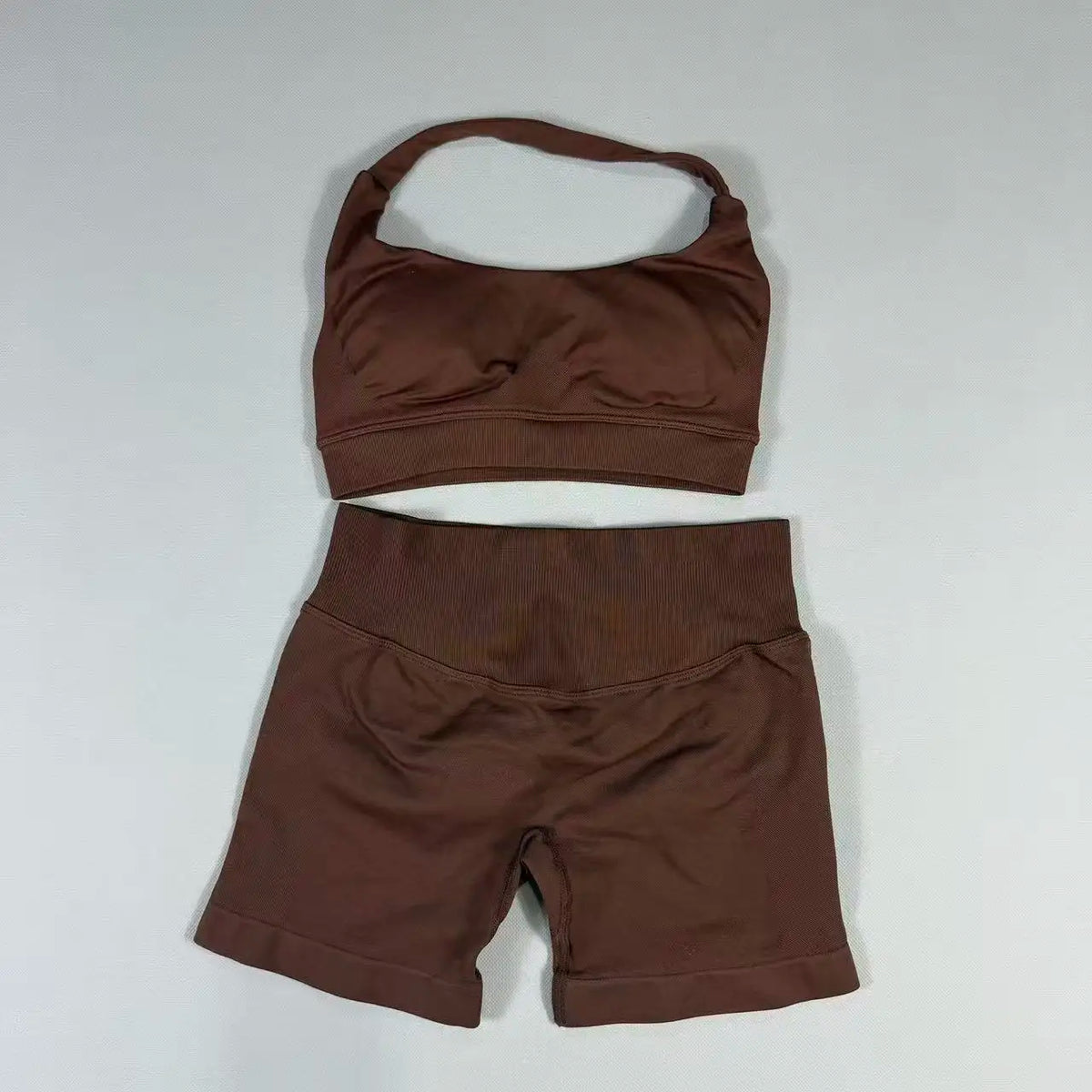 2Pcs Seamless Halter Neck Backless Yoga Outfit High Waist Ribbed Scrunch Shorts Set for Women Gym Sports Pilates Active Wear