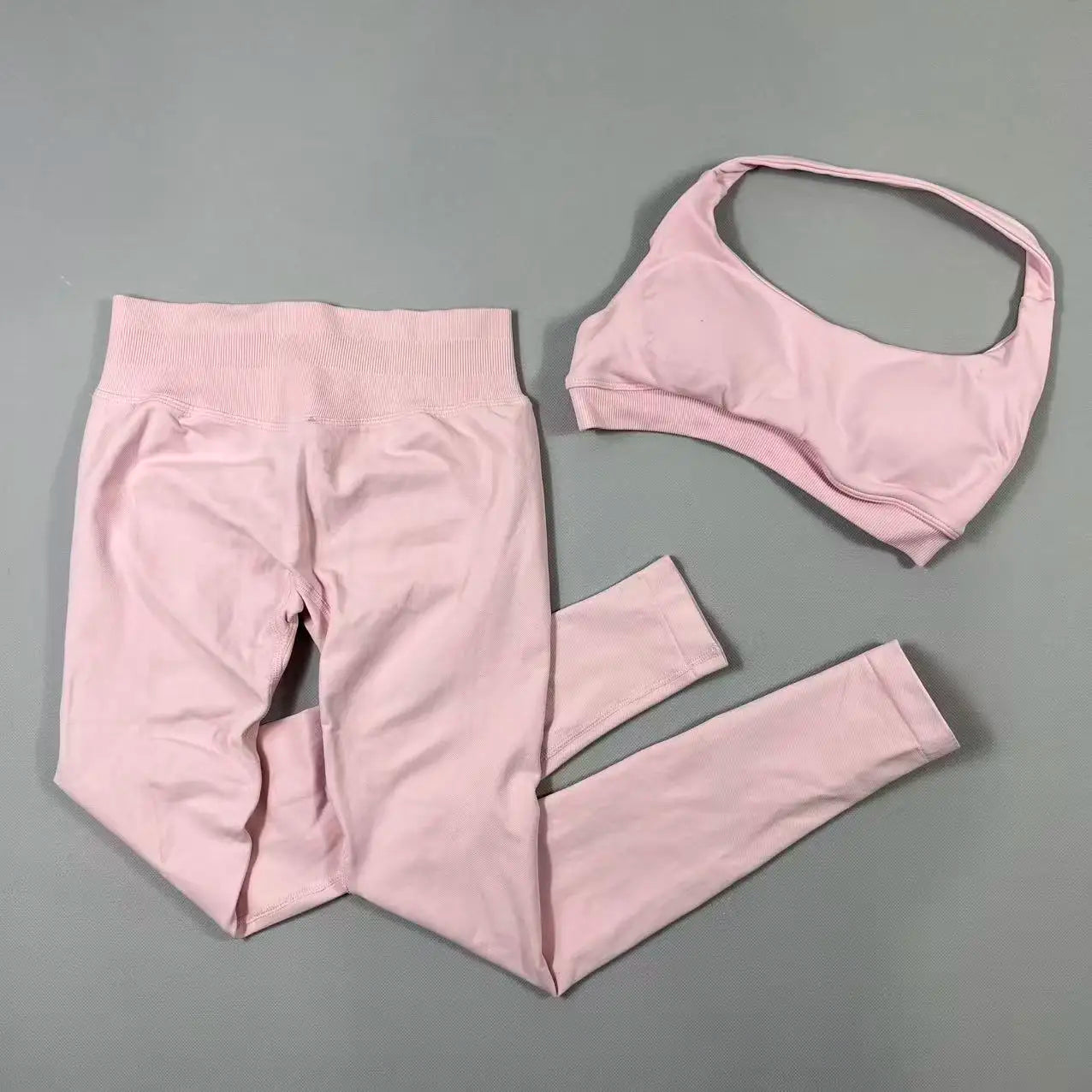 2Pcs Seamless Halter Neck Backless Yoga Outfit High Waist Ribbed Scrunch Shorts Set for Women Gym Sports Pilates Active Wear
