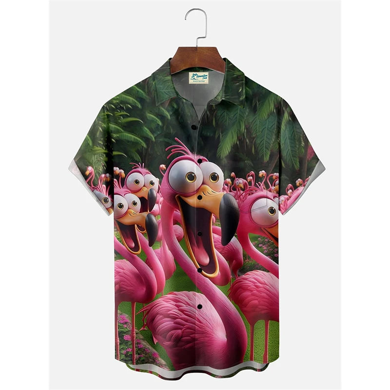 Anime Cartoon Flamingo Funny Shirt For Men Retro Plant 3D Print Leisure Quickly Dry Button Shirts Summer Street Popular Blouse