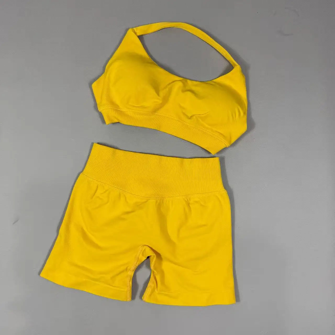 2Pcs Seamless Halter Neck Backless Yoga Outfit High Waist Ribbed Scrunch Shorts Set for Women Gym Sports Pilates Active Wear