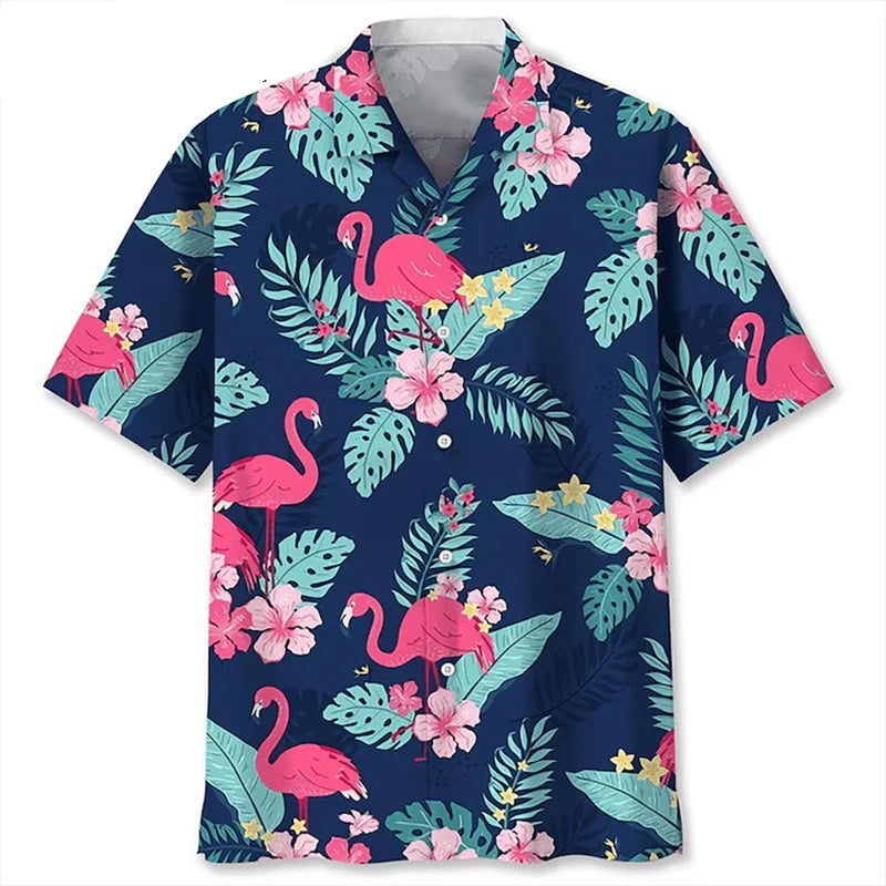 Anime Cartoon Flamingo Funny Shirt For Men Retro Plant 3D Print Leisure Quickly Dry Button Shirts Summer Street Popular Blouse
