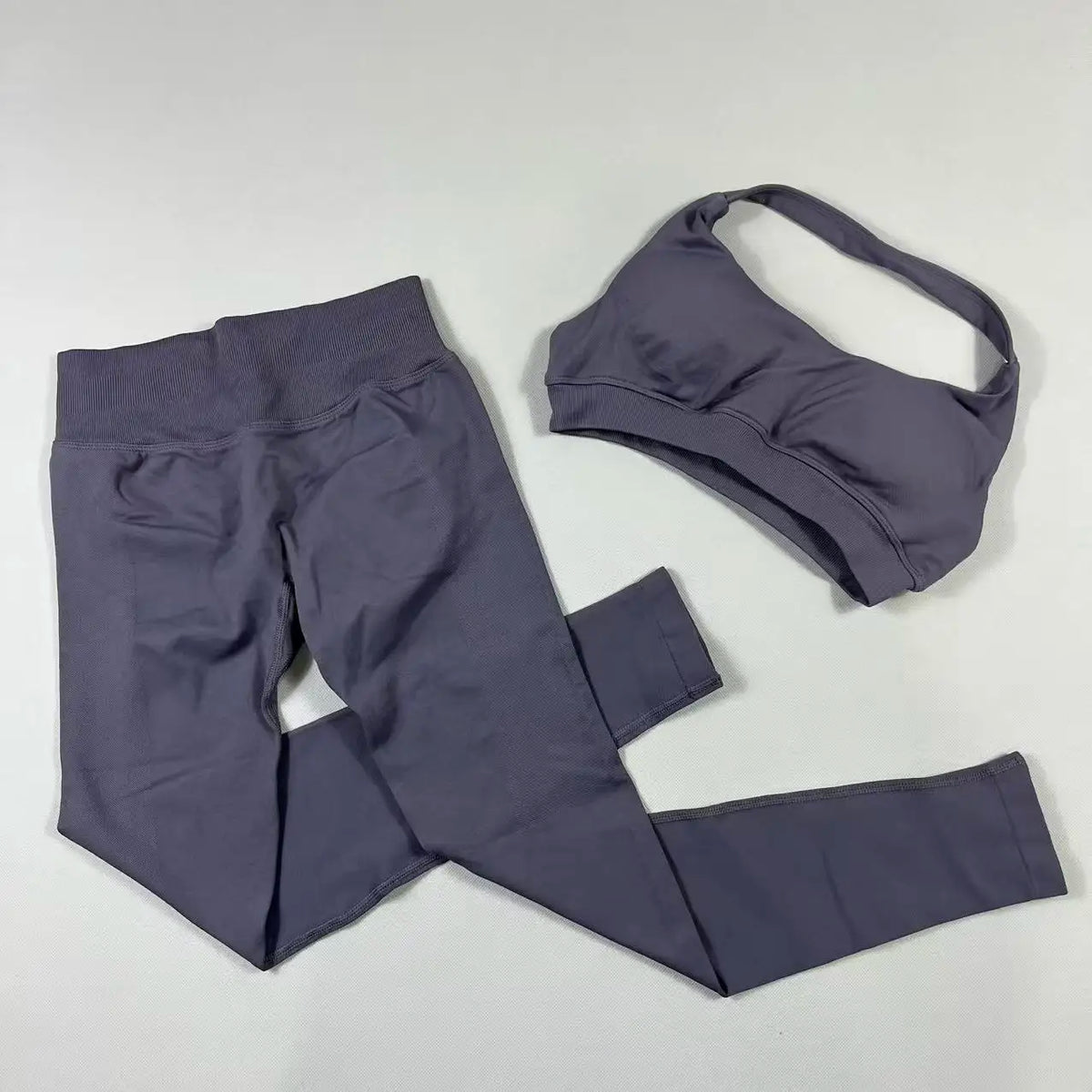2Pcs Seamless Halter Neck Backless Yoga Outfit High Waist Ribbed Scrunch Shorts Set for Women Gym Sports Pilates Active Wear