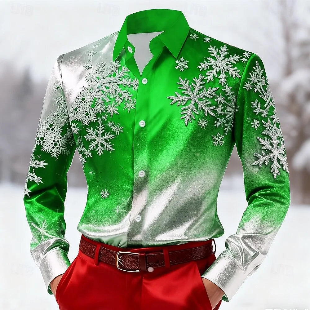 Christmas style men's long sleeved shirt, colorful snowflake 3D printed men's clothing, outdoor fashion top