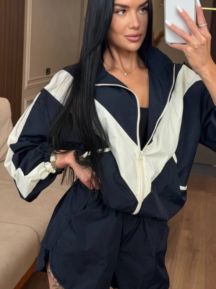 Women Color Block Zip Up 2 Piece Set  Long Sleeve Stand Collar Jacket High Waist Shorts Suit 2026 Spring Autumn Casual Outfit