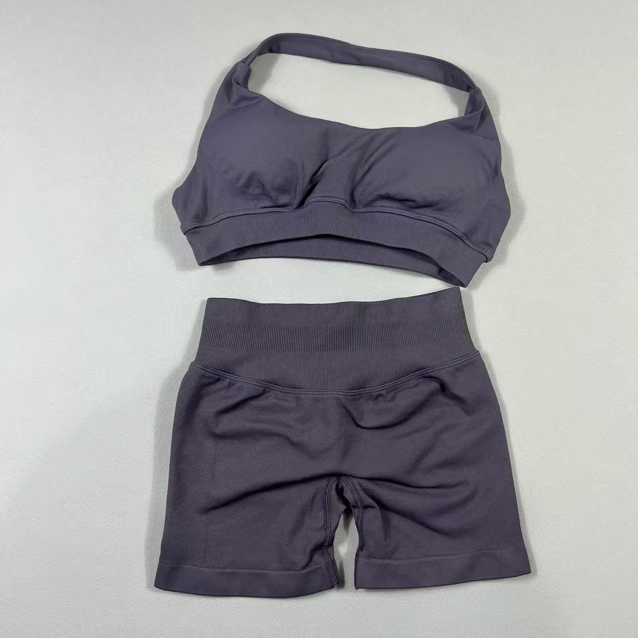 2Pcs Seamless Halter Neck Backless Yoga Outfit High Waist Ribbed Scrunch Shorts Set for Women Gym Sports Pilates Active Wear