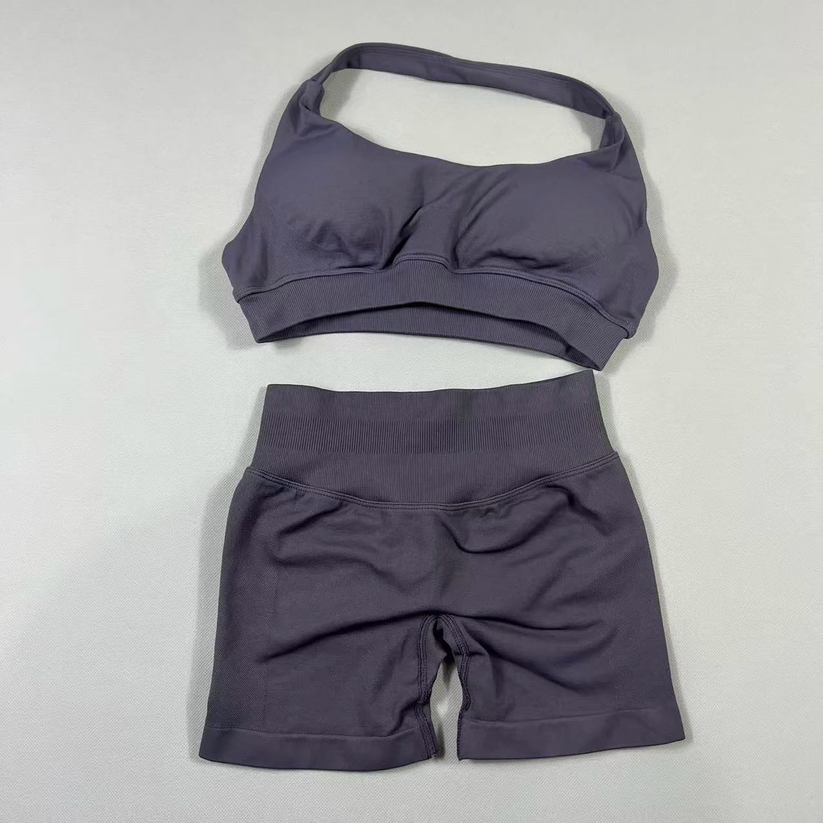 2Pcs Seamless Halter Neck Backless Yoga Outfit High Waist Ribbed Scrunch Shorts Set for Women Gym Sports Pilates Active Wear