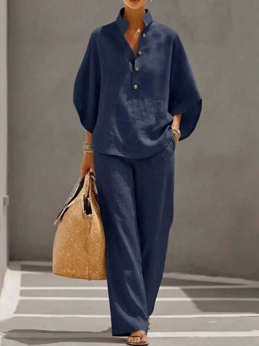 Fashion Cotton Linen Pant Set Women's Matching Sets Casual Stand Collar Button Top Wide Leg 2-piece Set Retro Female Office Suit