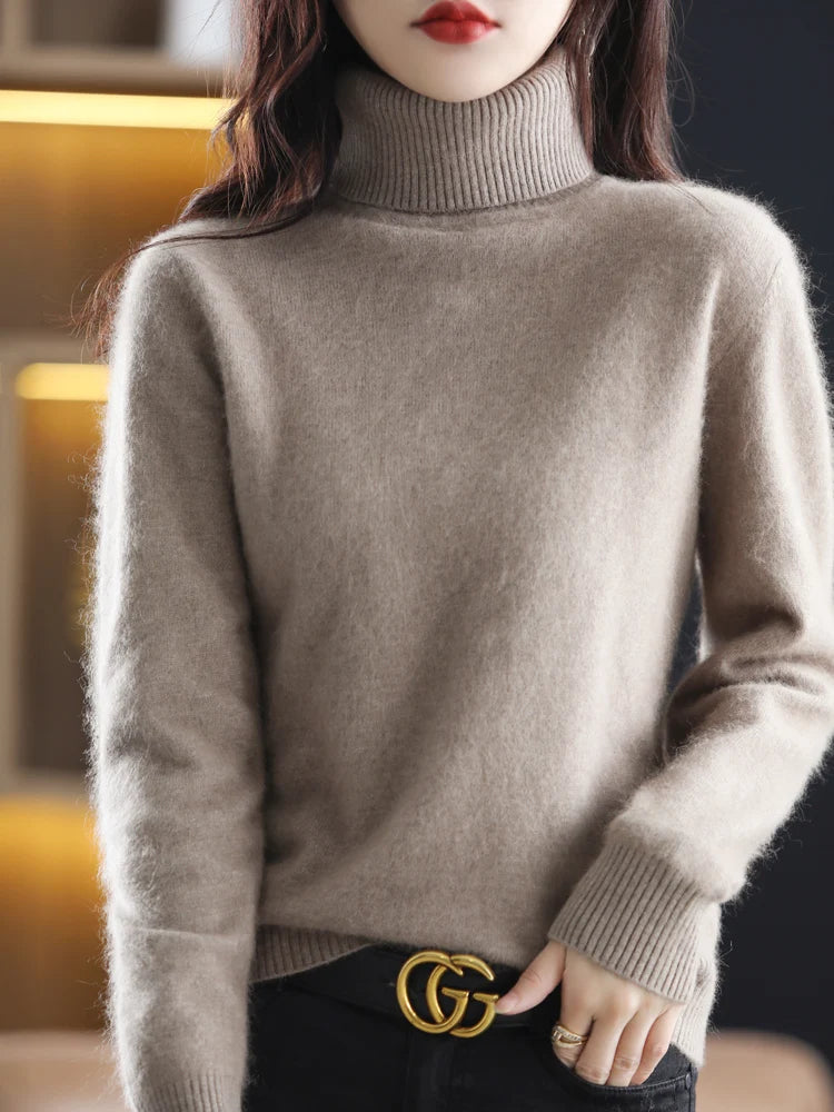 100% Mink Cashmere Turtleneck Sweater Women Solid Color Long Sleeve Top Autumn Winter Fashion Knit Female Warm Pullover Jumper