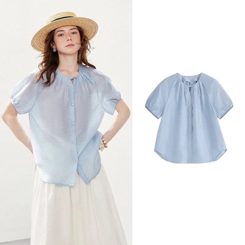 TOYOUTH Women Shirt 2026 Summer New Cool Feeling Lyocell Acetate Puff Sleeve Loose Wrinkled V Neck Casual Tops