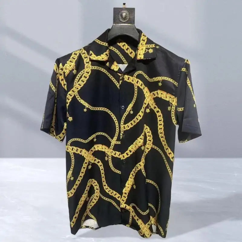 Vintage men's luxurious gold Baroque chain patterned high-quality short sleeved shirt suitable for street parties
