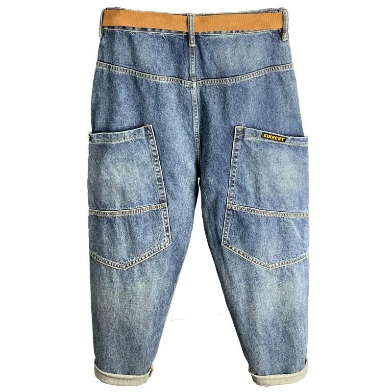 Spring Autumn Loose Blue Jeans for Men Designer Hip-hop Streetwear Straight-leg Casual Workwear Pants Washed Baggy Trousers Men