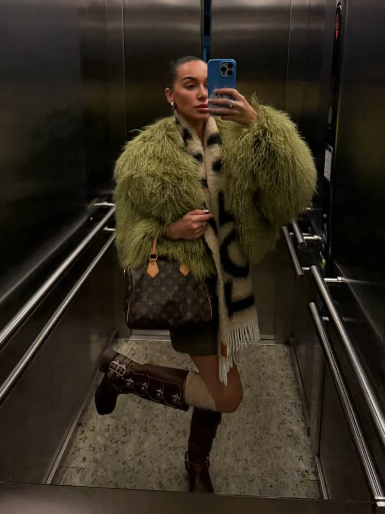 Solid Fluffy Woolen Faux Fur Jacket Women Fashion Turn Down Collar Long Sleeve Loose Coats Lady Winter Daily Street Outwears