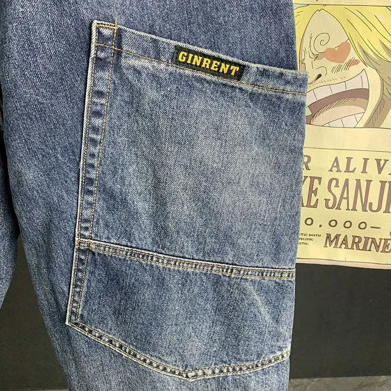 Spring Autumn Loose Blue Jeans for Men Designer Hip-hop Streetwear Straight-leg Casual Workwear Pants Washed Baggy Trousers Men