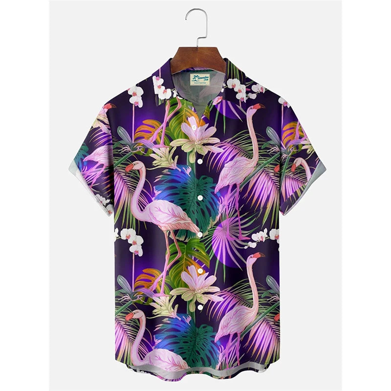Anime Cartoon Flamingo Funny Shirt For Men Retro Plant 3D Print Leisure Quickly Dry Button Shirts Summer Street Popular Blouse