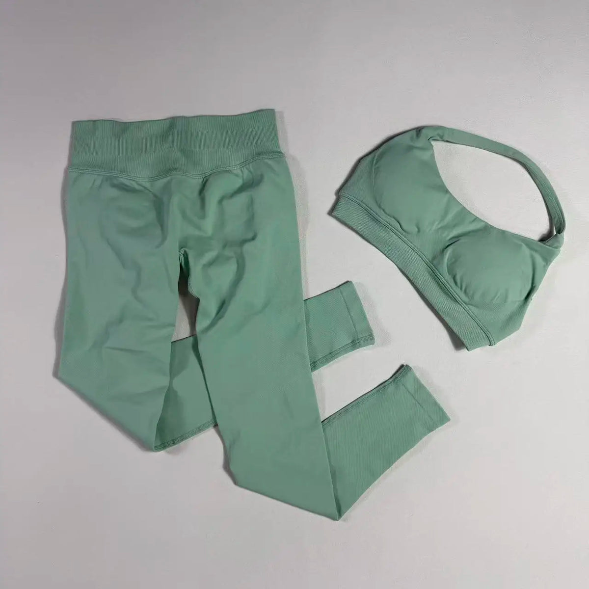 2Pcs Seamless Halter Neck Backless Yoga Outfit High Waist Ribbed Scrunch Shorts Set for Women Gym Sports Pilates Active Wear