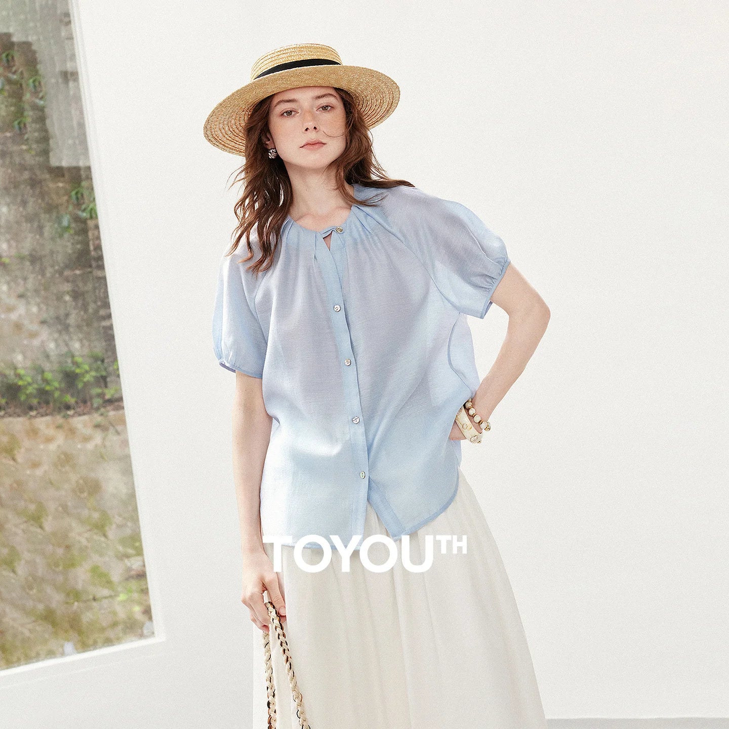 TOYOUTH Women Shirt 2026 Summer New Cool Feeling Lyocell Acetate Puff Sleeve Loose Wrinkled V Neck Casual Tops