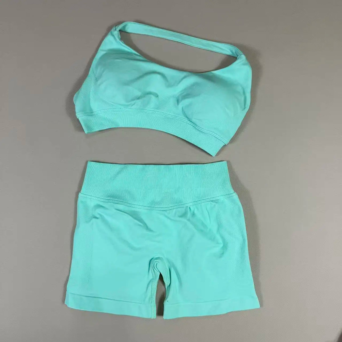 2Pcs Seamless Halter Neck Backless Yoga Outfit High Waist Ribbed Scrunch Shorts Set for Women Gym Sports Pilates Active Wear