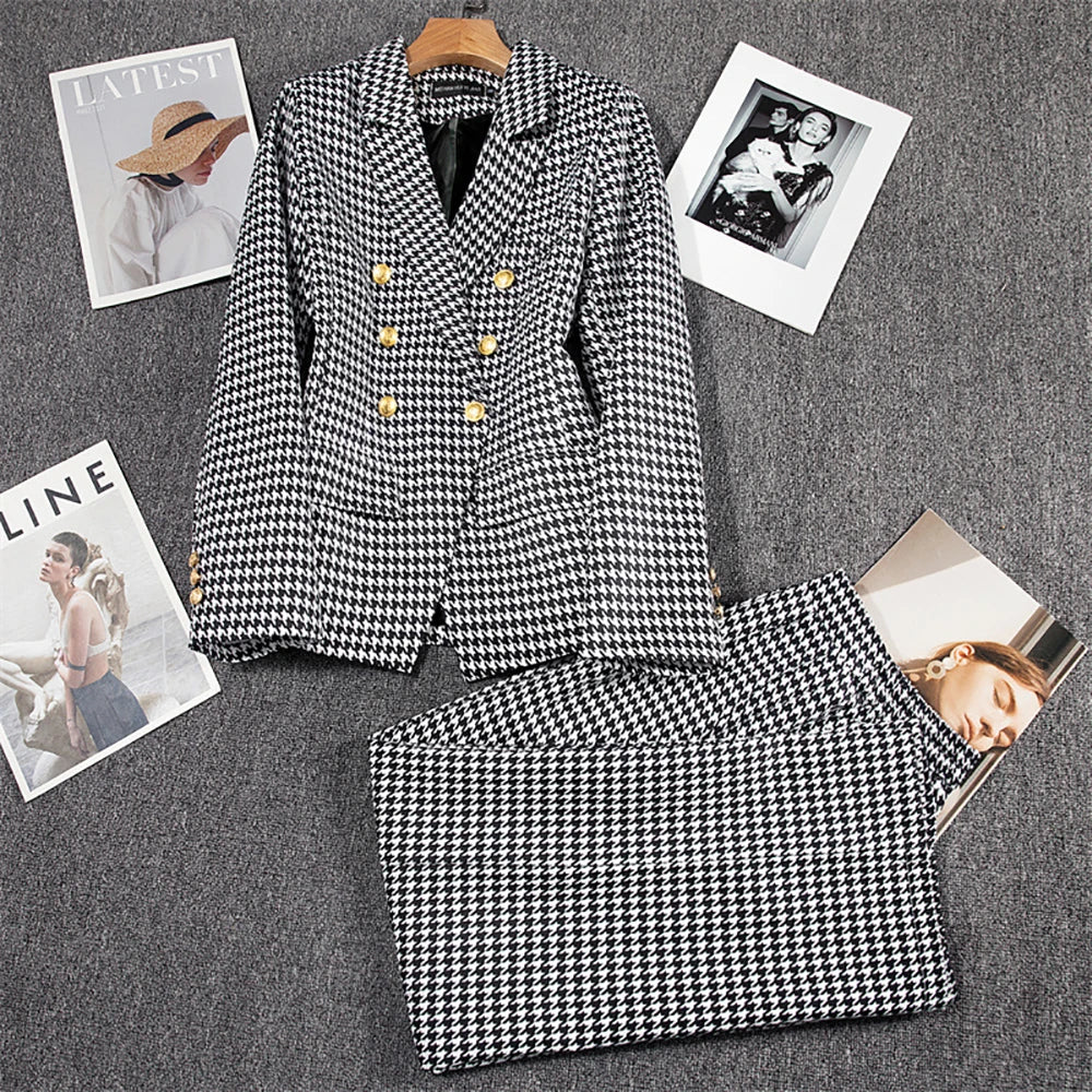 Cakrisyal Women Elegant Formal Blazer Sets Double Breasted Lapel Blazer And Straight Slim Pants Evening Party Wedding Blazer Set