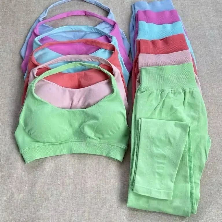 2Pcs Seamless Halter Neck Backless Yoga Outfit High Waist Ribbed Scrunch Shorts Set for Women Gym Sports Pilates Active Wear