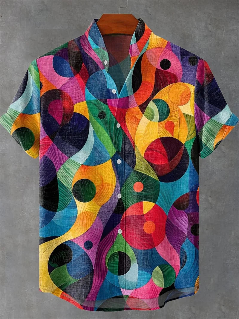 Vintage Men's Shirt Comfortable Short Sleeve Fashion 3D Crane Printed Art Pattern, Button Top, Summer Top