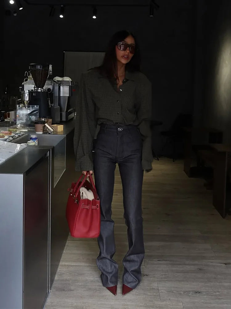Casual Women's Grid Shirts Shoulder Pad Turn-Down Collar Button Loose Lady Shirt 2026 Spring Fashion Female Street Outwear
