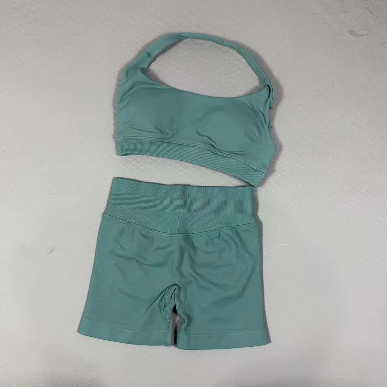 2Pcs Seamless Halter Neck Backless Yoga Outfit High Waist Ribbed Scrunch Shorts Set for Women Gym Sports Pilates Active Wear